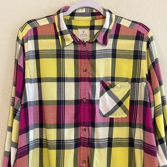 American Eagle Women’s Button Front Extra Large Purple Plaid Vintage Boyfriend - Picture 4 of 14